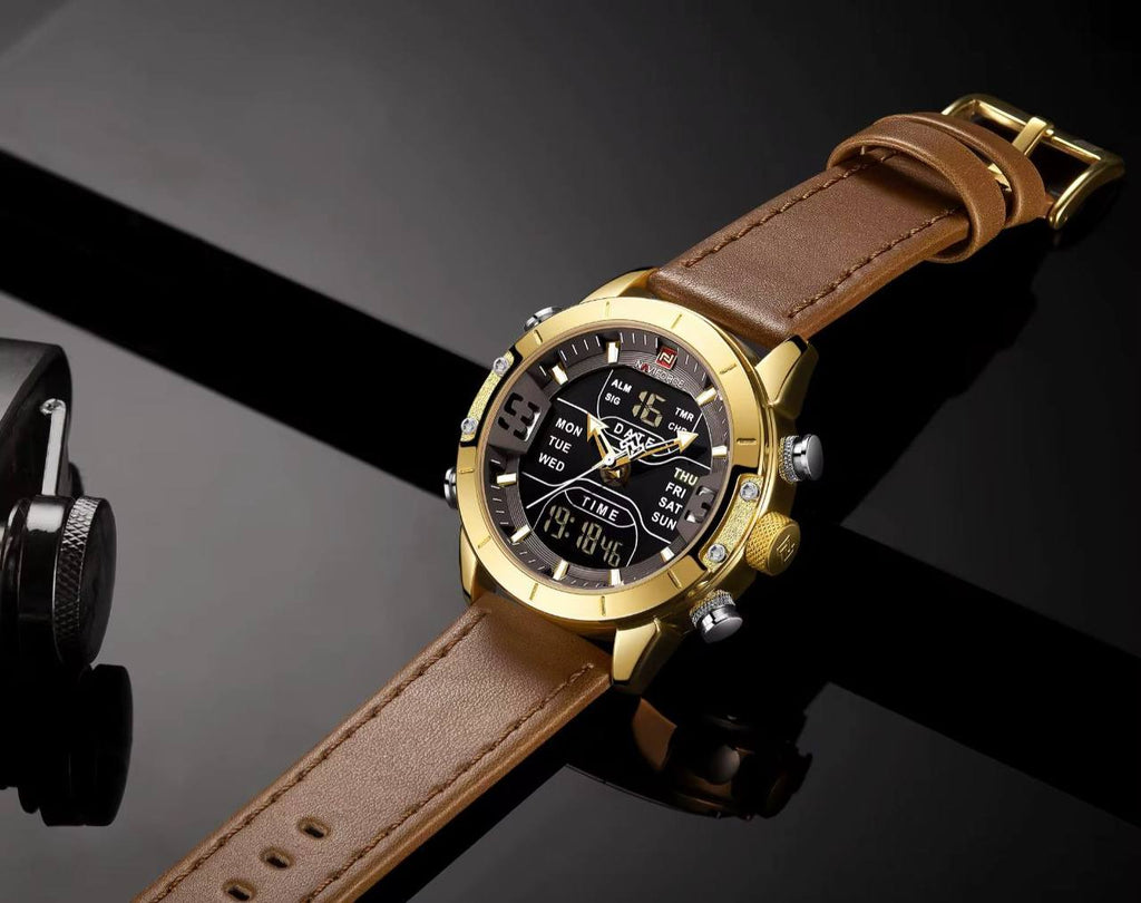 NAVIFORCE GENTS WATCH #NF 9164 ANALOGUE & DIGITAL DISPLAY LIGHT BUTTON WATER RESISTANT BATTERY POWERED BLUE BLACK BROWN ENQUIRIES