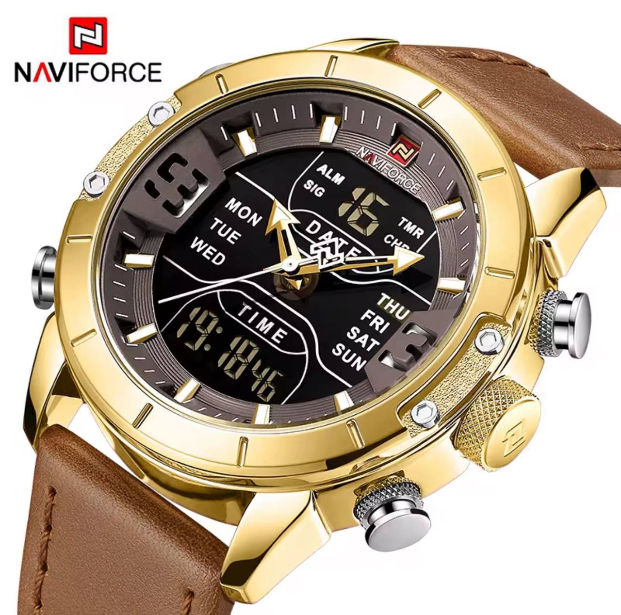 NAVIFORCE GENTS WATCH #NF 9164 ANALOGUE & DIGITAL DISPLAY LIGHT BUTTON WATER RESISTANT BATTERY POWERED BLUE BLACK BROWN ENQUIRIES