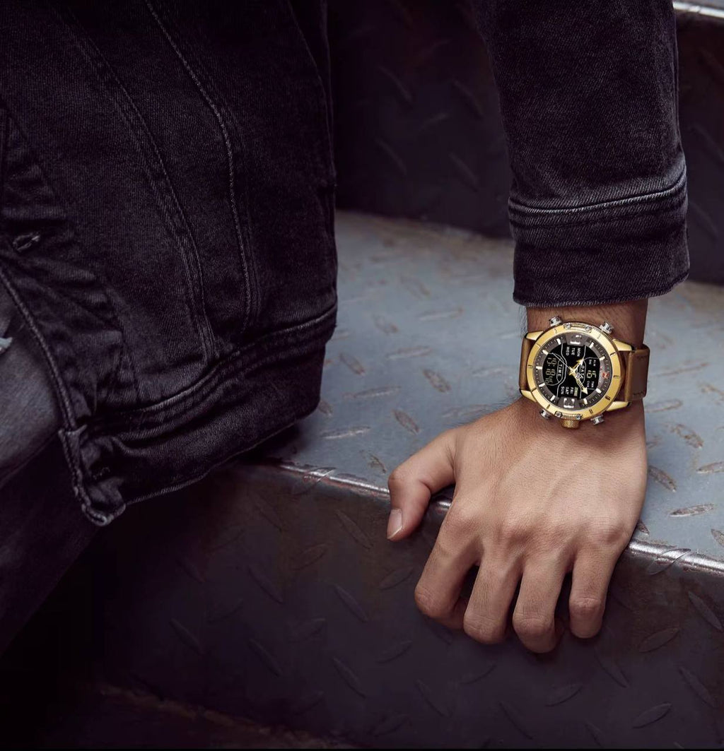 NAVIFORCE GENTS WATCH #NF 9164 ANALOGUE & DIGITAL DISPLAY LIGHT BUTTON WATER RESISTANT BATTERY POWERED BLUE BLACK BROWN ENQUIRIES