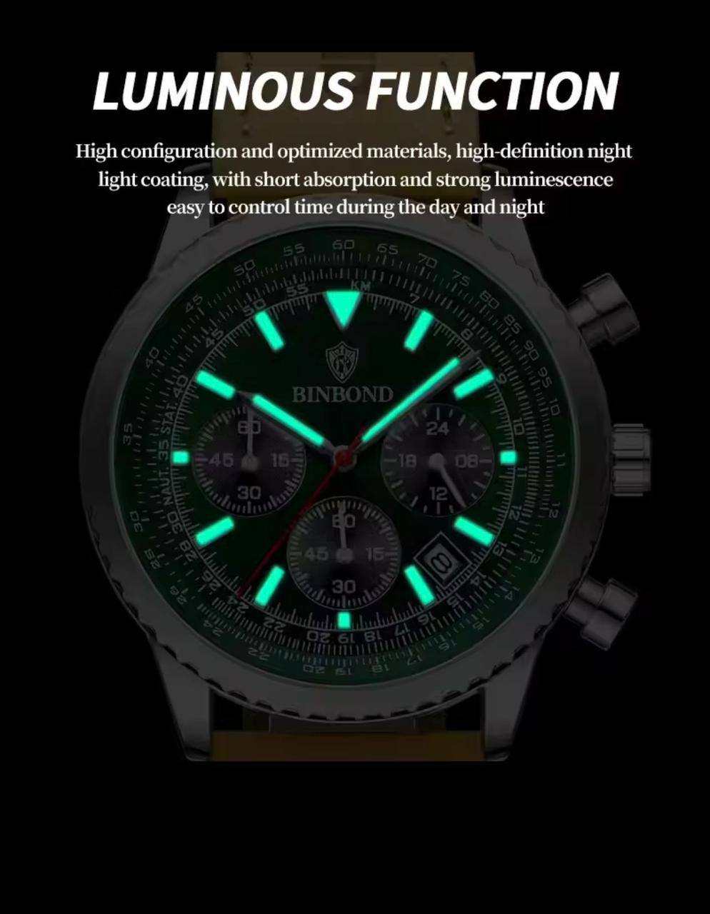 BINBOND CHRONOGRAPH CHRONOGRAPH DATE DISPLAY WATER RESISTANT BATTERY POWERED LEATHER STRAP ENGRAVING SERVICES AND ENQUIRIES