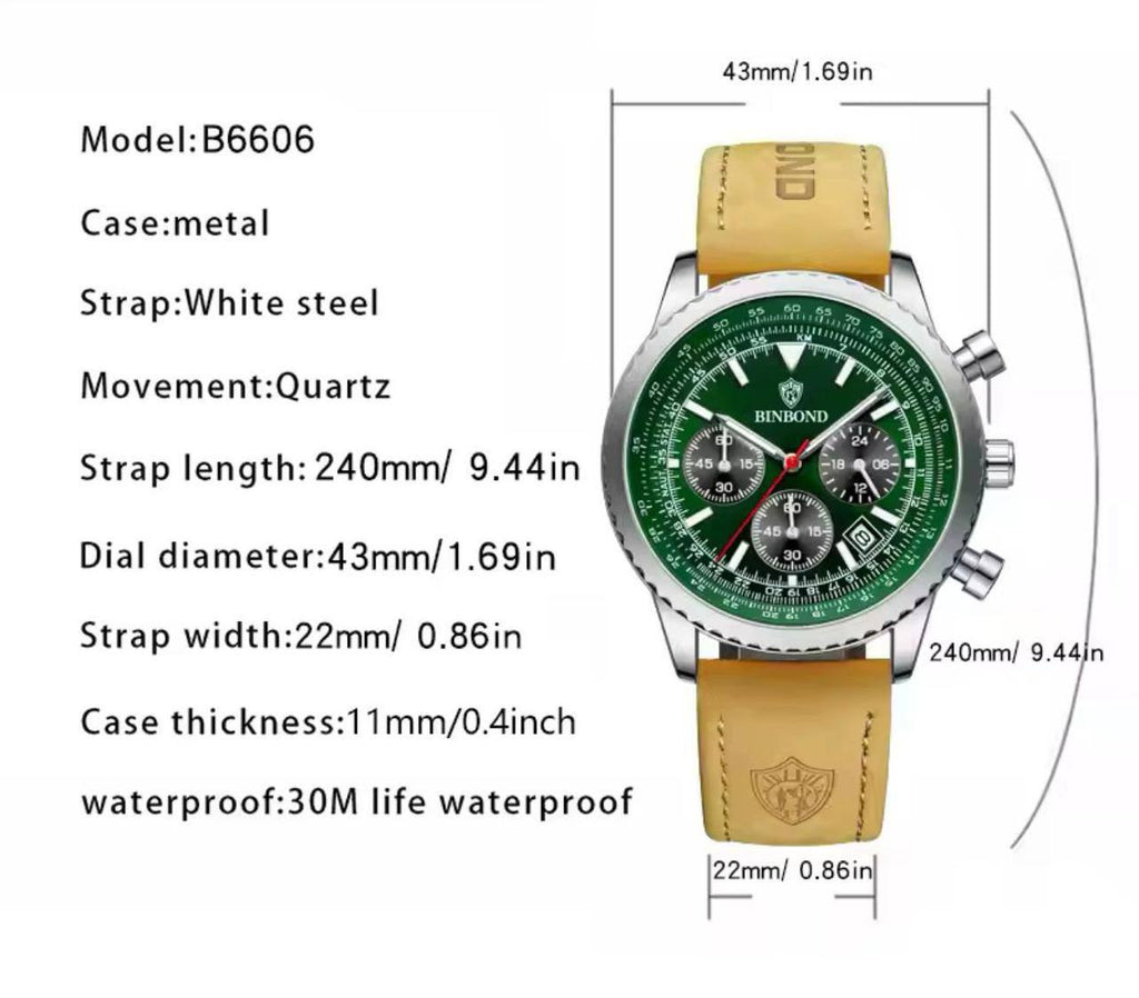 BINBOND CHRONOGRAPH CHRONOGRAPH DATE DISPLAY WATER RESISTANT BATTERY POWERED LEATHER STRAP ENGRAVING SERVICES AND ENQUIRIES