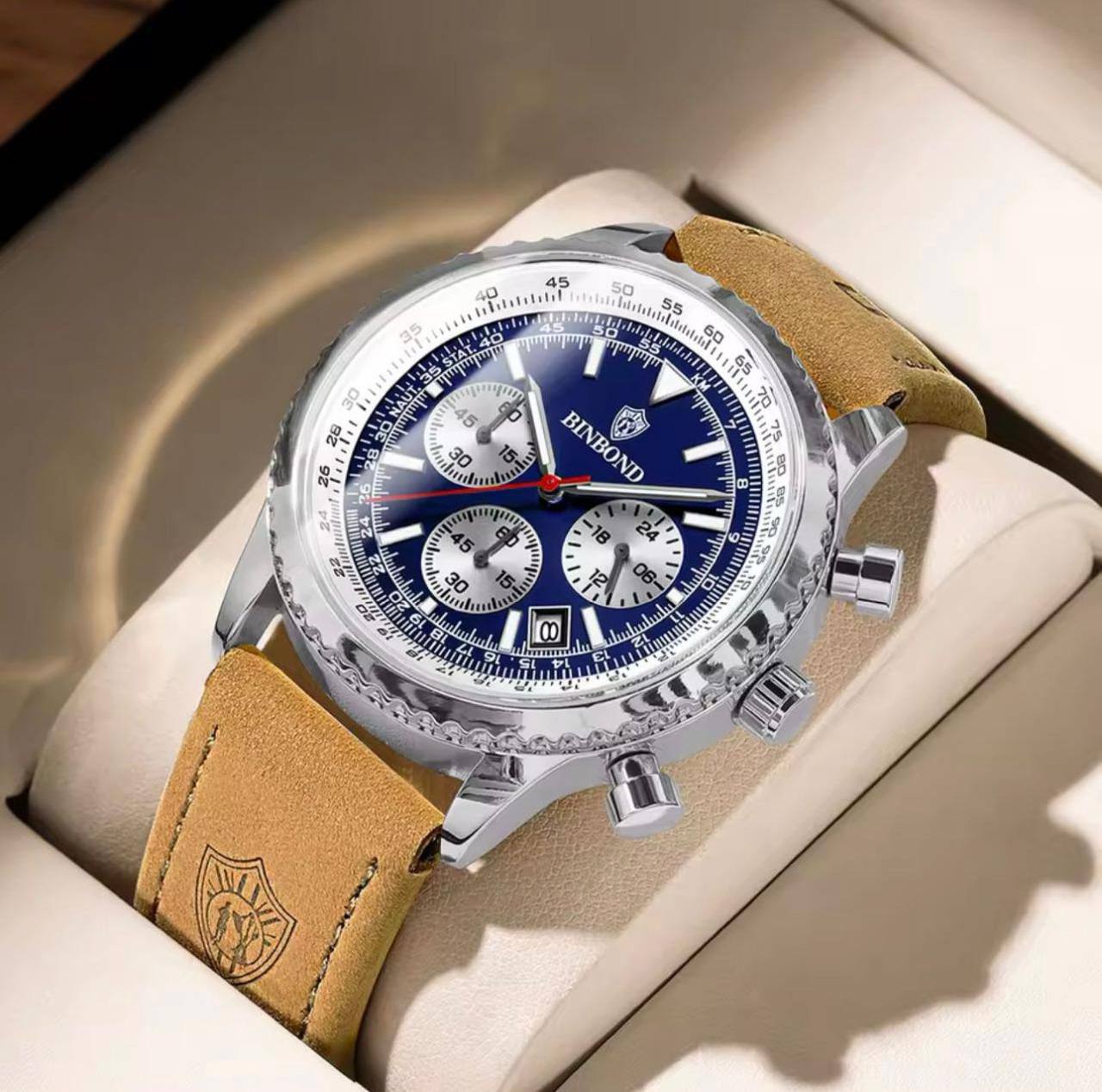 BINBOND CHRONOGRAPH CHRONOGRAPH DATE DISPLAY WATER RESISTANT BATTERY POWERED LEATHER STRAP ENGRAVING SERVICES AND ENQUIRIES