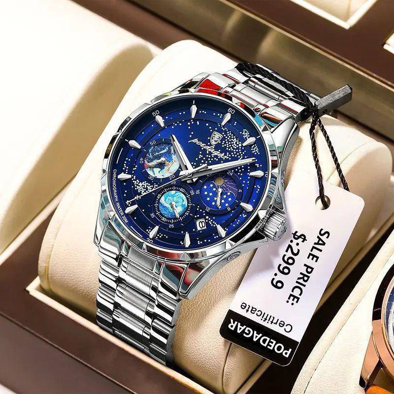 POEDAGAR MEN WATCH CHRONOGRAPH FUNCTIONAL MOONPHASE STAINLESS STEEL FINISH DATE DISPLAY SPACE DESIGN INSPIRED ENGRAVING SERVICES