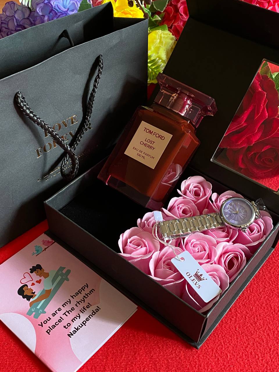 VALENTINES SALE� LOVE FOREVER PACKAGE WATCH PERFUME TESTER 100ML PRESERVED ROSES CARD,BAG & BOX WE ENGRAVE GIFTS AND ENQUIRIES