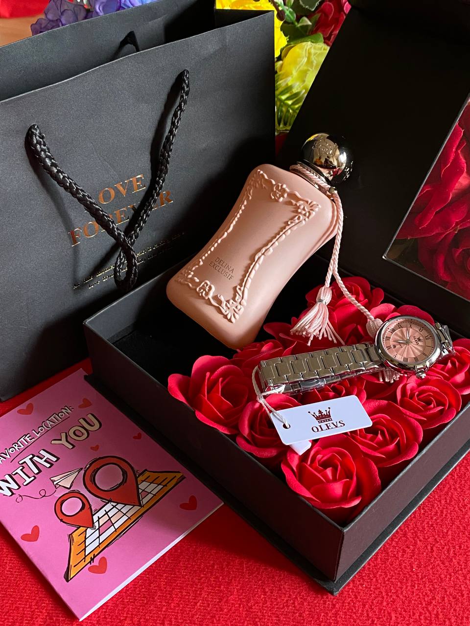 VALENTINES SALE� LOVE FOREVER PACKAGE WATCH PERFUME TESTER 100ML PRESERVED ROSES CARD,BAG & BOX WE ENGRAVE GIFTS AND ENQUIRIES
