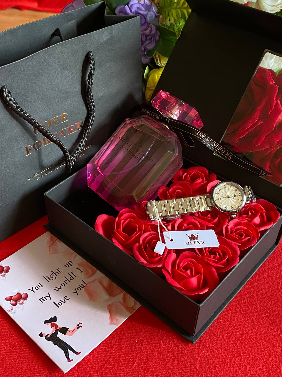 VALENTINES SALE� LOVE FOREVER PACKAGE WATCH PERFUME TESTER 100ML PRESERVED ROSES CARD,BAG & BOX WE ENGRAVE GIFTS AND ENQUIRIES