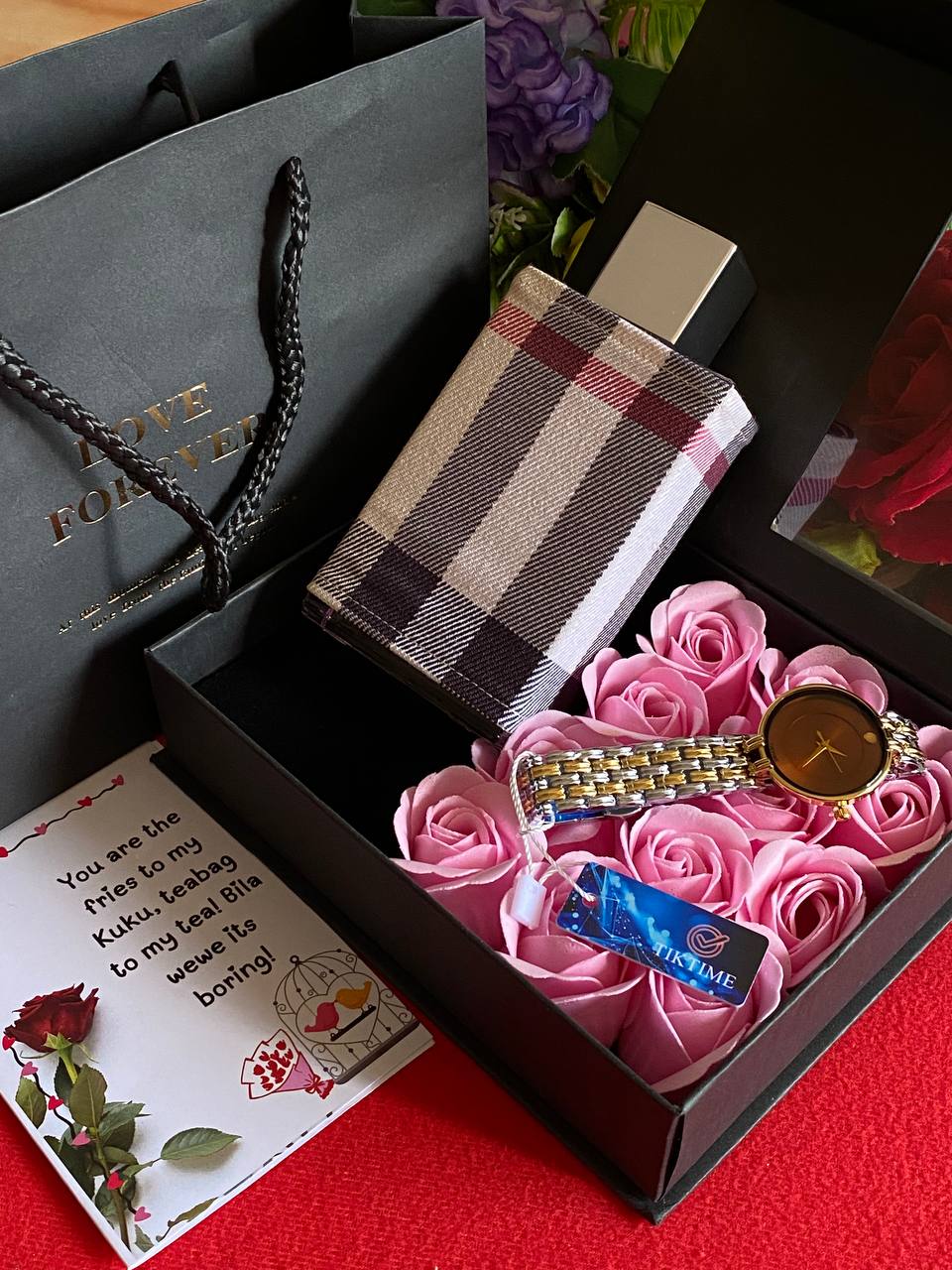 VALENTINES SALE LOVE FOREVER PACKAGE TIKTIME LADIES WATCH PERFUME TESTER 100ML PRESERVED ROSES CARD,BAG & BOX WE ENGRAVE GIFTS