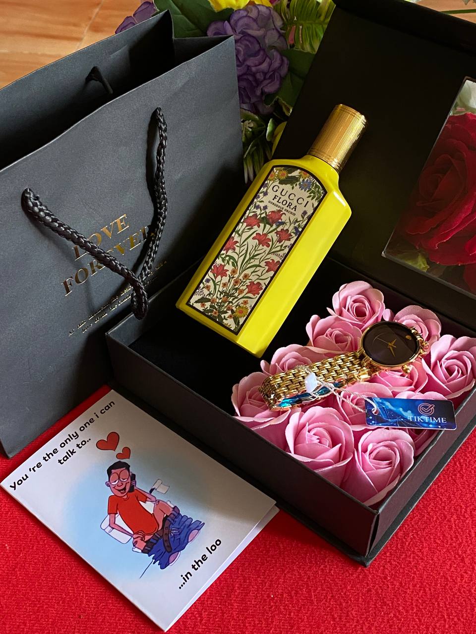 VALENTINES SALE LOVE FOREVER PACKAGE TIKTIME LADIES WATCH PERFUME TESTER 100ML PRESERVED ROSES CARD,BAG & BOX WE ENGRAVE GIFTS