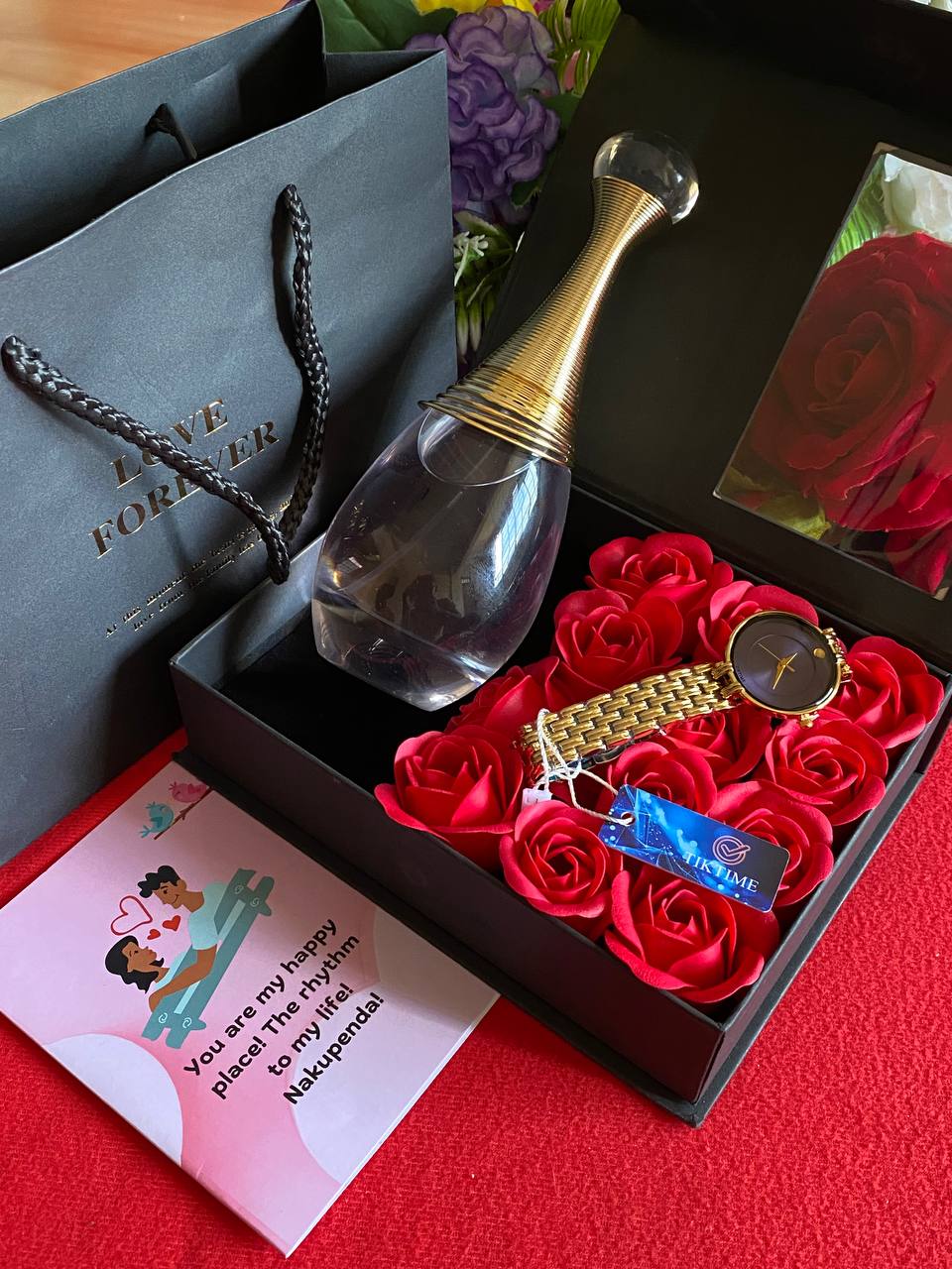 VALENTINES SALE LOVE FOREVER PACKAGE TIKTIME LADIES WATCH PERFUME TESTER 100ML PRESERVED ROSES CARD,BAG & BOX WE ENGRAVE GIFTS