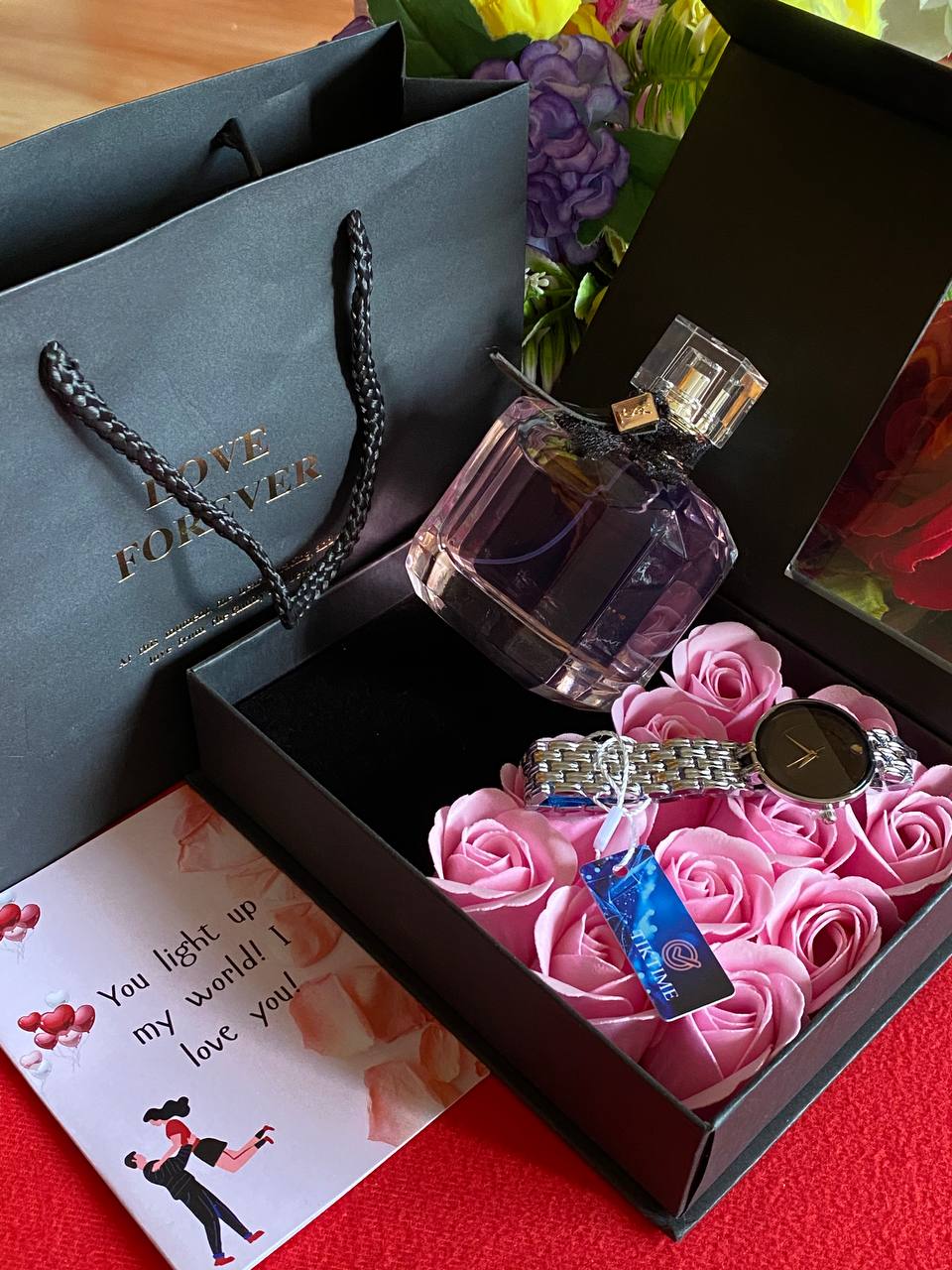 VALENTINES SALE LOVE FOREVER PACKAGE TIKTIME LADIES WATCH PERFUME TESTER 100ML PRESERVED ROSES CARD,BAG & BOX WE ENGRAVE GIFTS