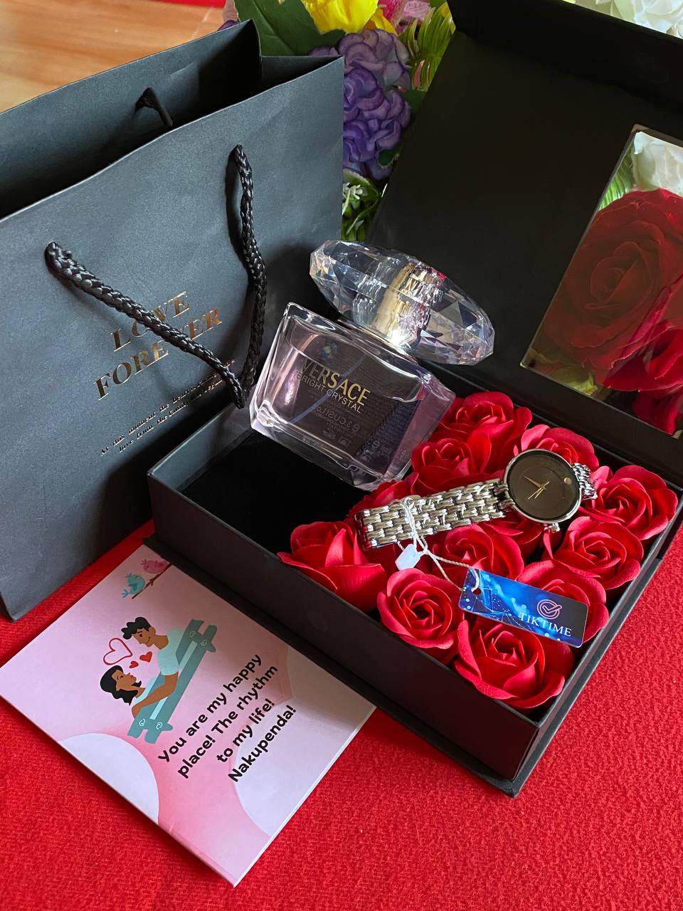 VALENTINES SALE LOVE FOREVER PACKAGE TIKTIME LADIES WATCH PERFUME TESTER 100ML PRESERVED ROSES CARD,BAG & BOX WE ENGRAVE GIFTS