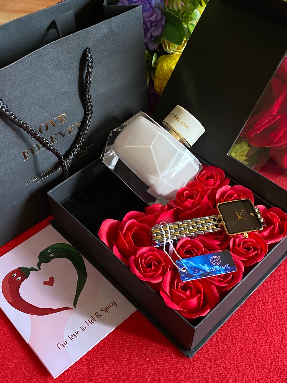 VALENTINES SALE LOVE FOREVER PACKAGE TIKTIME LADIES WATCH PERFUME TESTER 100ML PRESERVED ROSES CARD,BAG & BOX WE ENGRAVE GIFTS