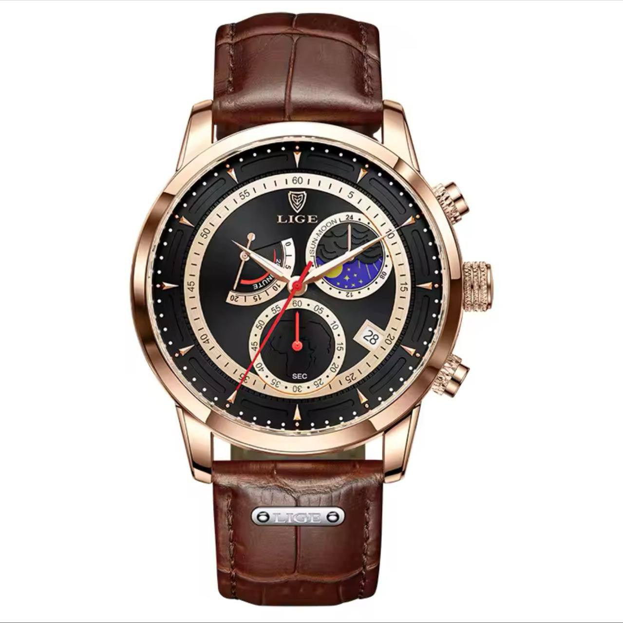 LIGE LG8968A CHRONOGRAPH BATTERY POWERED CHRONOGRAPH MOVEMENT STAINLESS STEEL DATE DISPLAY MOON PHASE FUNCTION ENGRAVING SERVICES COMES A BRANDED BOX ORDER AND ENQUIRIES