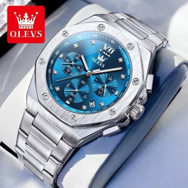 OLEVS CHRONOGRAPH MEN WATCH FULL FUNCTIONAL CHRONOGRAPH STAINLESS STEEL FINISH LUMINOUS 3 BAR WATER RESISTANT ENGRAVING SERVICES ENQUIRIES AND