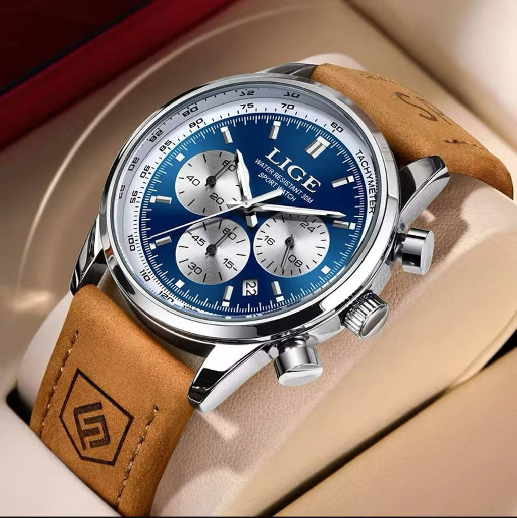 LIGE CHRONOGRAPH LEATHER LEATHER STRAP BATTERY POWERED CHRONOGRAPH MOVEMENT STAINLESS STEEL DATE DISPLAY COMES A LIGE BRANDED BOX ORDER AND ENQUIRIES