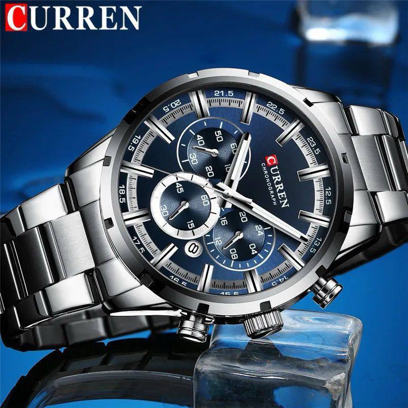 GENTS CURREN 8355 CHRONOGRAPH DATE DISPLAY WATER RESISTANT STAINLESS STEEL BLUE SILVER BLACK CURREN BRANDED BOX ENGRAVING SERVICES ENQUIRIES