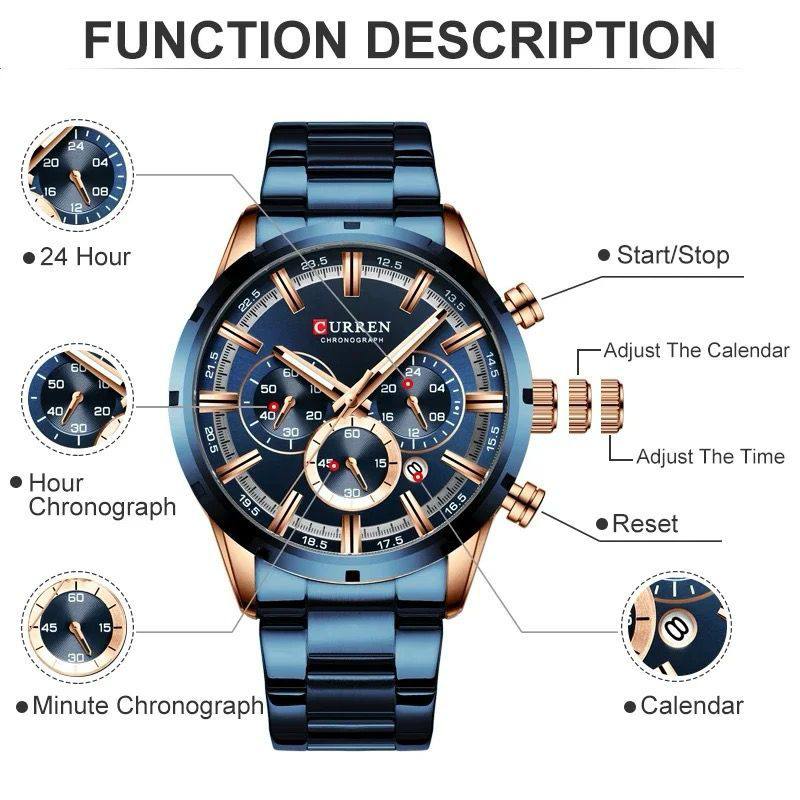GENTS CURREN 8355 CHRONOGRAPH DATE DISPLAY WATER RESISTANT STAINLESS STEEL BLUE SILVER BLACK CURREN BRANDED BOX ENGRAVING SERVICES ENQUIRIES