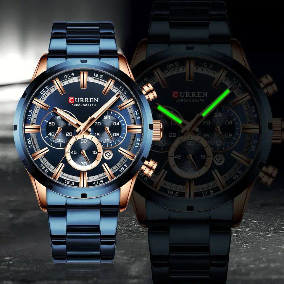 GENTS CURREN 8355 CHRONOGRAPH DATE DISPLAY WATER RESISTANT STAINLESS STEEL BLUE SILVER BLACK CURREN BRANDED BOX ENGRAVING SERVICES ENQUIRIES