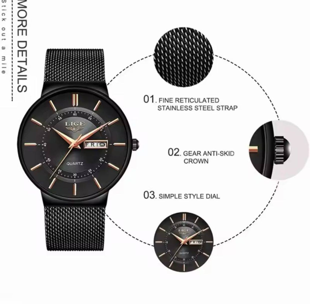 LIGE GENTS WATCH LG9949A DAY&DATE DISPLAY WATERPROOF 30M ULTRA THIN DESIGN STAINLESS STEEL BAND(MESH STRAP) ENGRAVING SERVICES ENQUIRIES