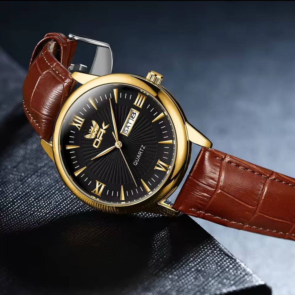 ‼ BRAND ALERT ‼ OPK GENTS WATCH #6028 DATE & DATE DISPLAY LEATHER STRAP BATTERY POWERED WATER RESISTANT ENGRAVING SERVICES ENQUIRIES