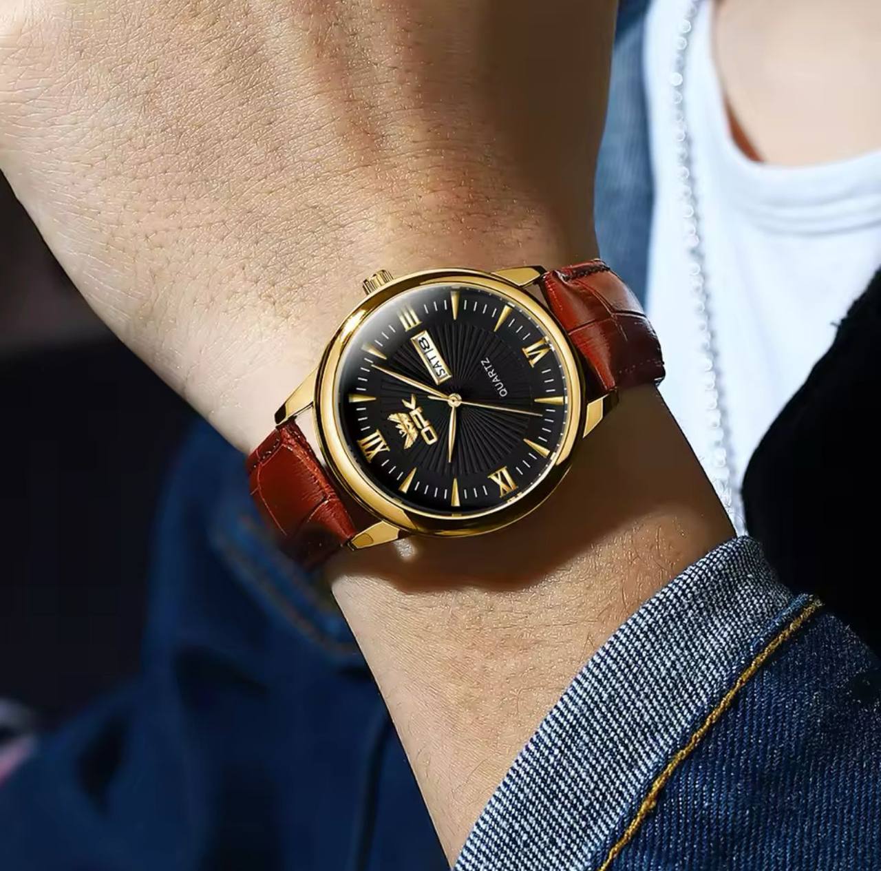 ‼ BRAND ALERT ‼ OPK GENTS WATCH #6028 DATE & DATE DISPLAY LEATHER STRAP BATTERY POWERED WATER RESISTANT ENGRAVING SERVICES ENQUIRIES