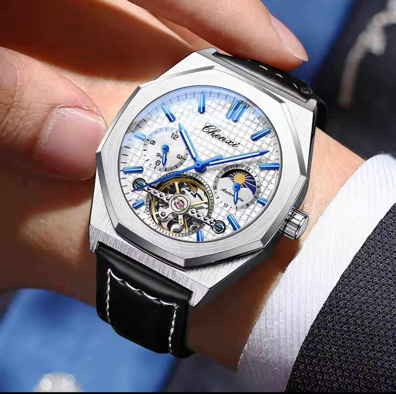 CHENXI AUTOMATIC MOONPHASE TOURBILLION MACHINE FULL CHRONOGRAPH LEATHER STRAP WATER RESISTANT ENGRAVING SERVICES AND ENQUIRIES