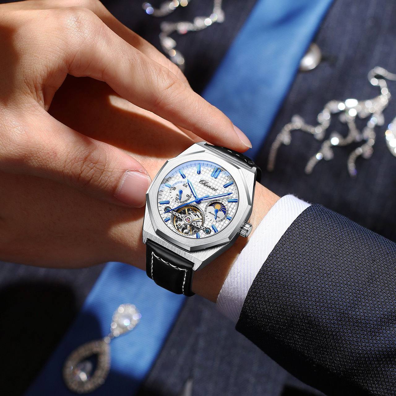 CHENXI AUTOMATIC MOONPHASE TOURBILLION MACHINE FULL CHRONOGRAPH LEATHER STRAP WATER RESISTANT ENGRAVING SERVICES AND ENQUIRIES