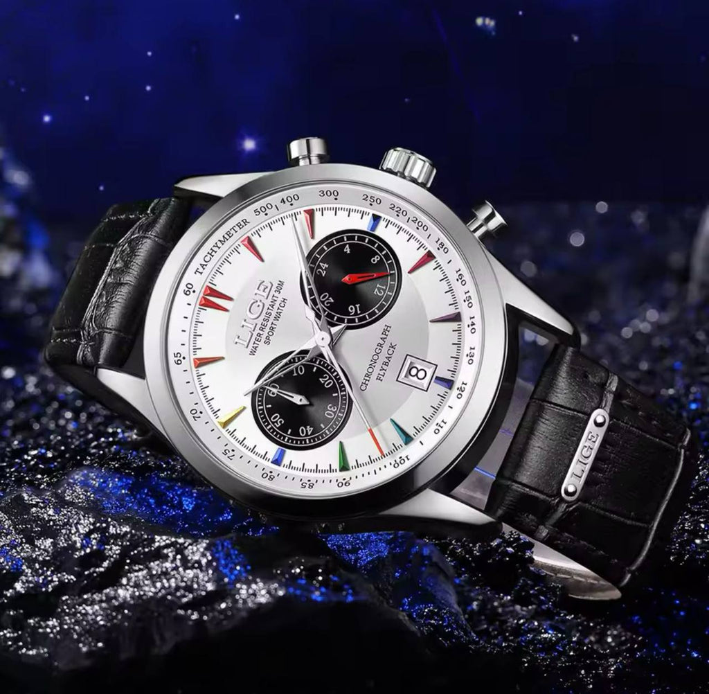 LIGE LG89128B CHRONOGRAPH DATE DISPLAY WATER RESISTANT 50 ATM LEATHER STRAP LUMINOUS FUNCTION ENGRAVING SERVICES ENQUIRIES