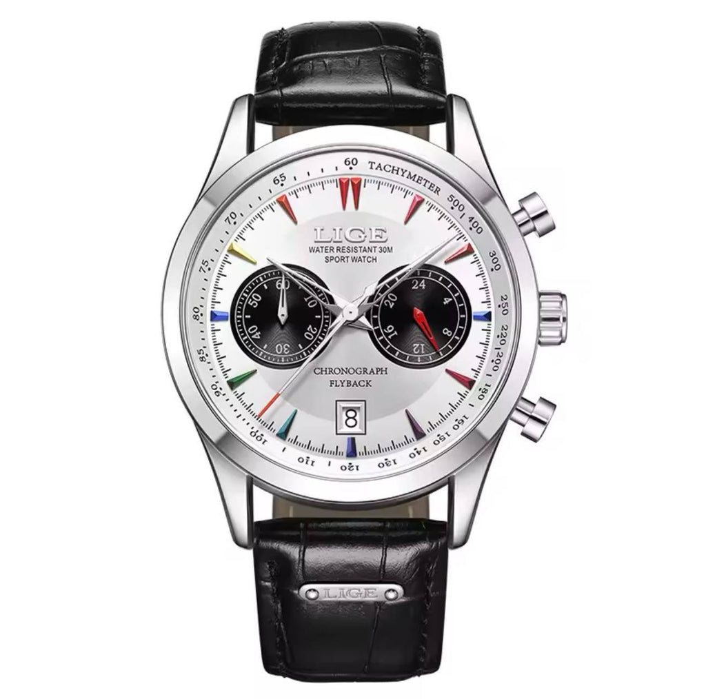 LIGE LG89128B CHRONOGRAPH DATE DISPLAY WATER RESISTANT 50 ATM LEATHER STRAP LUMINOUS FUNCTION ENGRAVING SERVICES ENQUIRIES