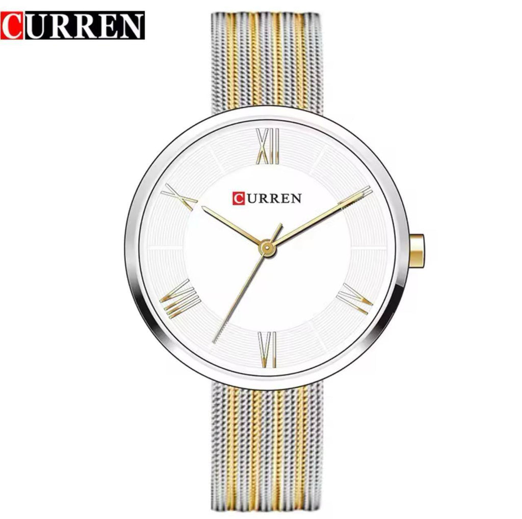 CURREN LADIES #9020 GOLD BLACKTWO TONE WHITE WATER RESISTANT BATTERY POWERED CURREN BRANDED BOX ENQUIRIES