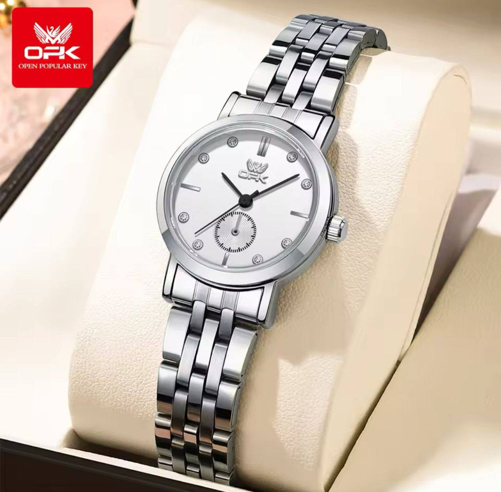 OPK LADIES WATCH #6034 UNIQUE SECOND ARM STAINLESS STEEL BATTERY POWERED WATER RESISTANT ENGRAVING SERVICES ENQUIRIES