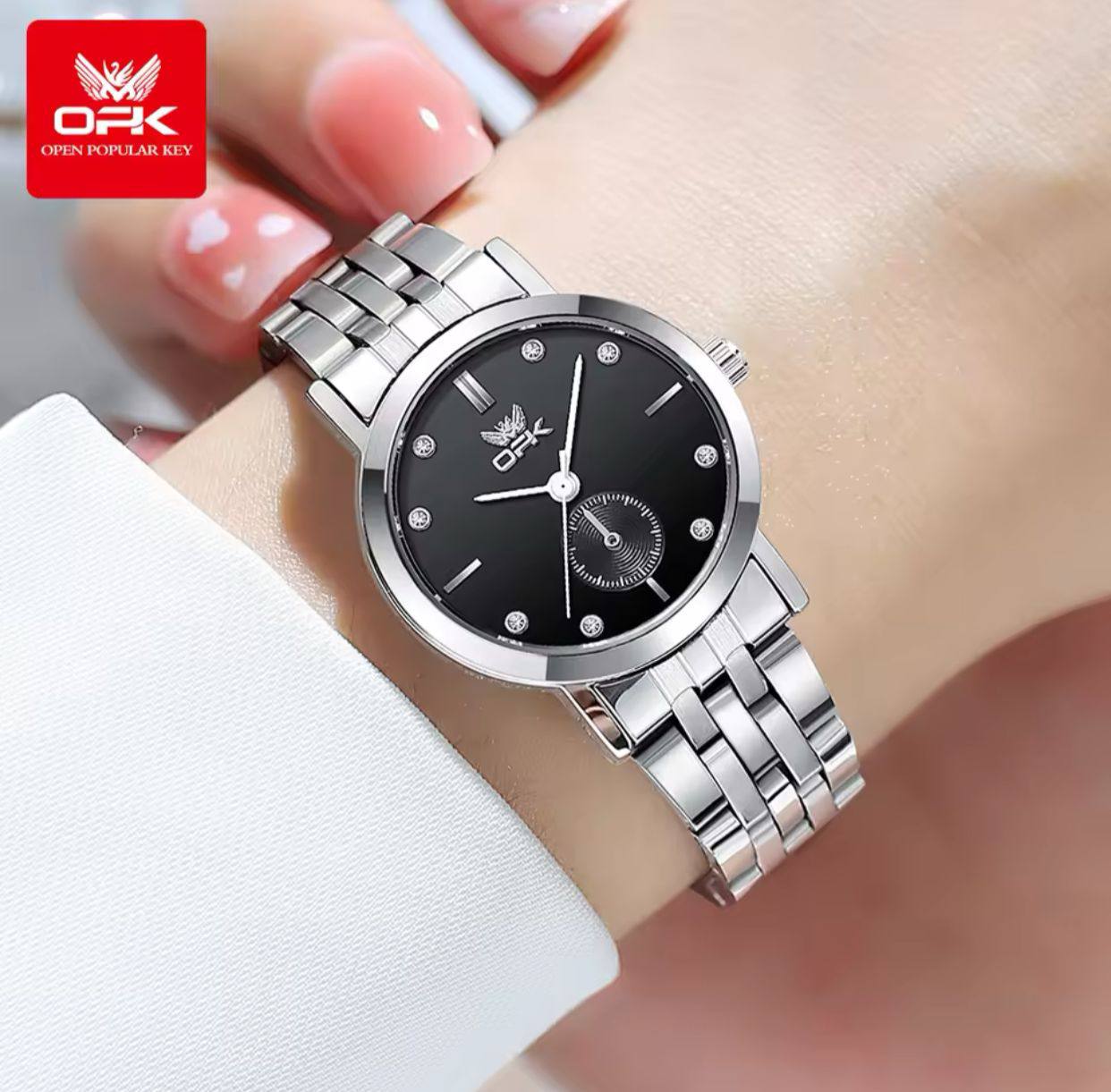 OPK LADIES WATCH #6034 UNIQUE SECOND ARM STAINLESS STEEL BATTERY POWERED WATER RESISTANT ENGRAVING SERVICES ENQUIRIES