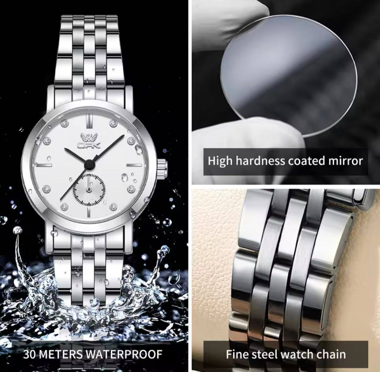 OPK LADIES WATCH #6034 UNIQUE SECOND ARM STAINLESS STEEL BATTERY POWERED WATER RESISTANT ENGRAVING SERVICES ENQUIRIES
