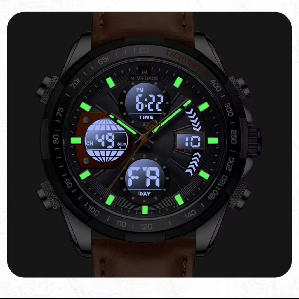 NAVIFORCE MEN #NF9197 LEATHER 3 COLOURS DUAL TIME DISPLAY LEATHER STRAP WATER RESISTANT LUMINOUS HANDS BATTERY POWERED ENGRAVING SERVICES FROM ENQUIRIES