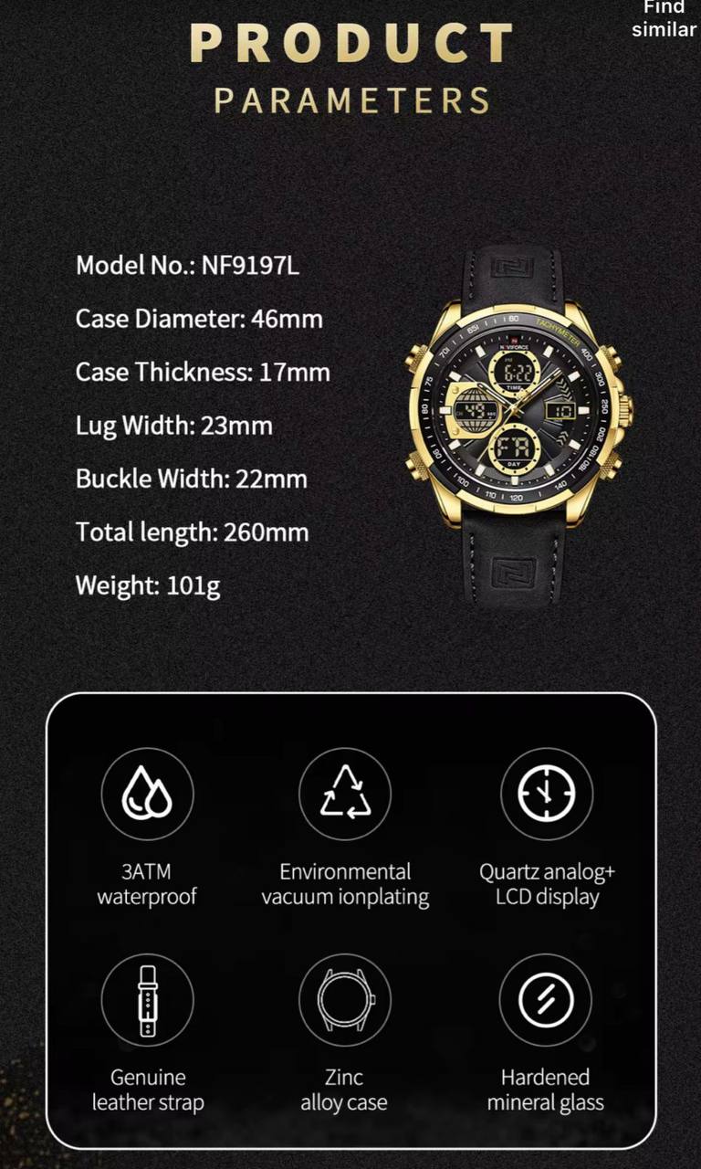 NAVIFORCE MEN #NF9197 LEATHER 3 COLOURS DUAL TIME DISPLAY LEATHER STRAP WATER RESISTANT LUMINOUS HANDS BATTERY POWERED ENGRAVING SERVICES FROM ENQUIRIES