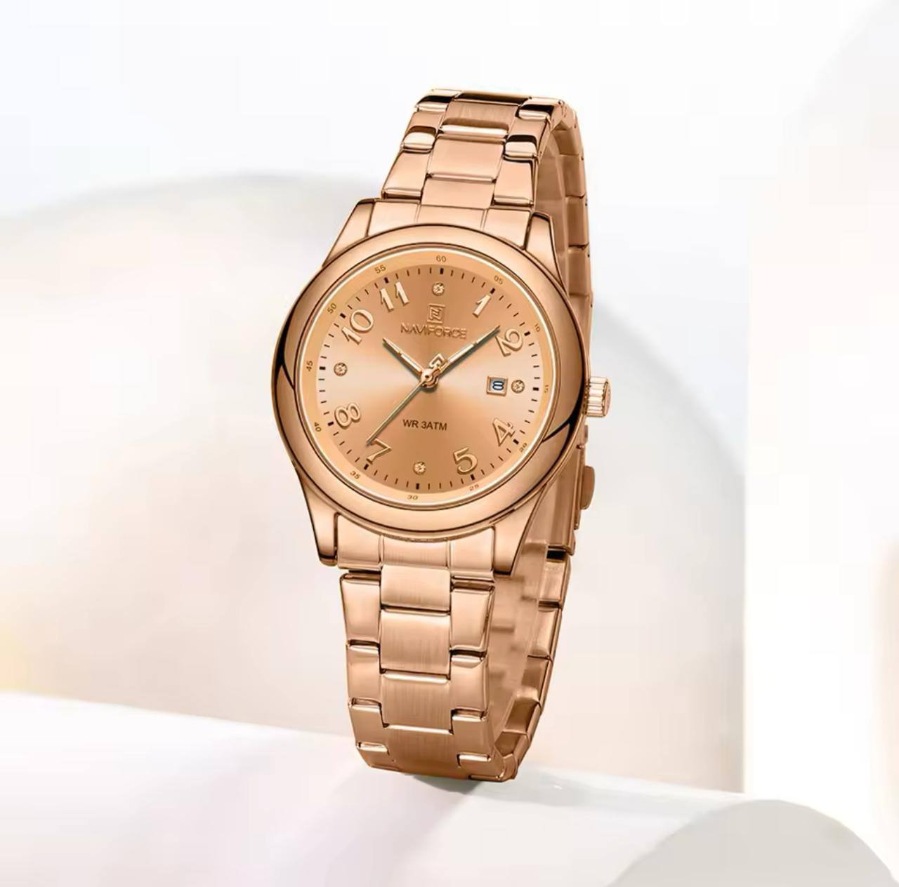 NAVIFORCE LADIES #NF5059 STAINLESS STEEL WATER RESISTANT BATTERY POWERED QUARTZ CALENDER 5 COLOR OPTIONS ENGRAVING SERVICES ENQUIRIES