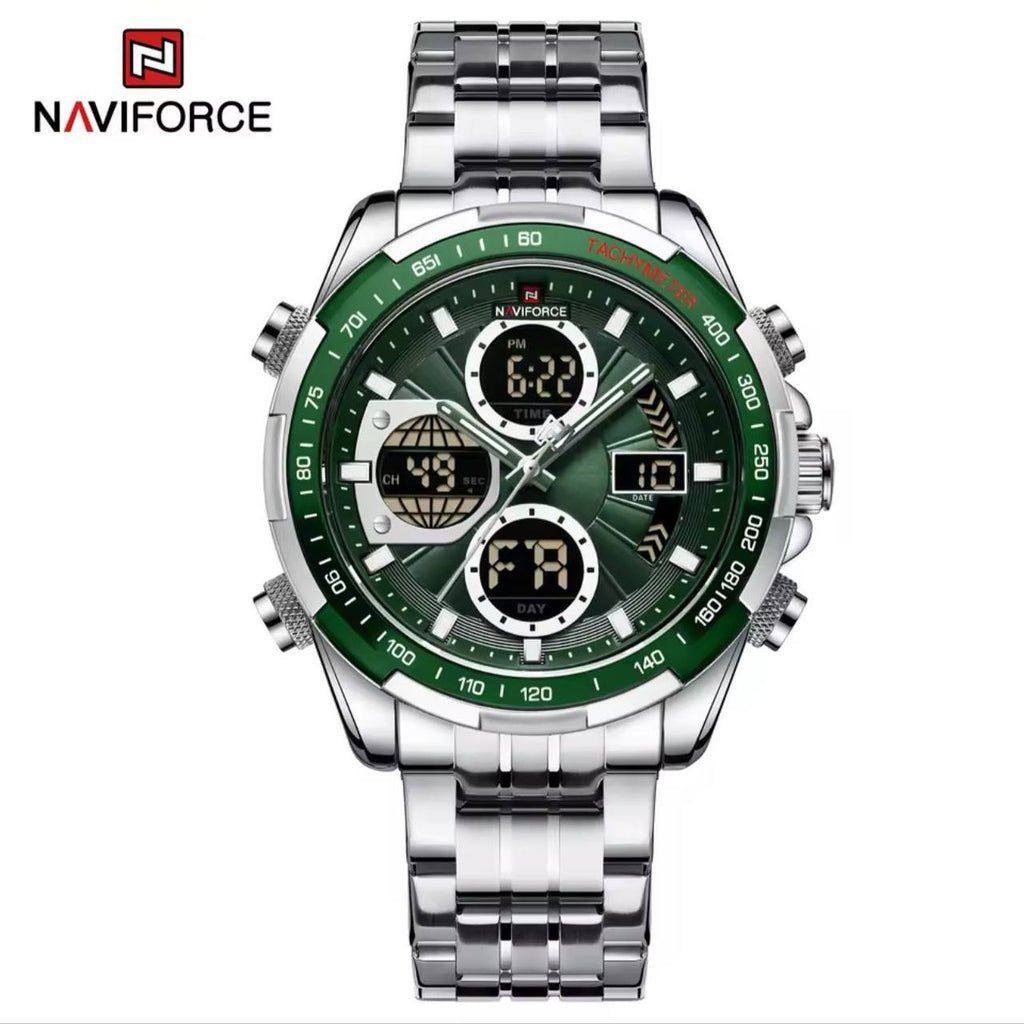 NAVIFORCE GENTS WATCH #NF 9197 ANALOGUE & DIGITAL DISPLAY LIGHT BUTTON WATER RESISTANT BATTERY POWERED GOLD SILVER ENGRAVING SERVICES ENQUIRIES