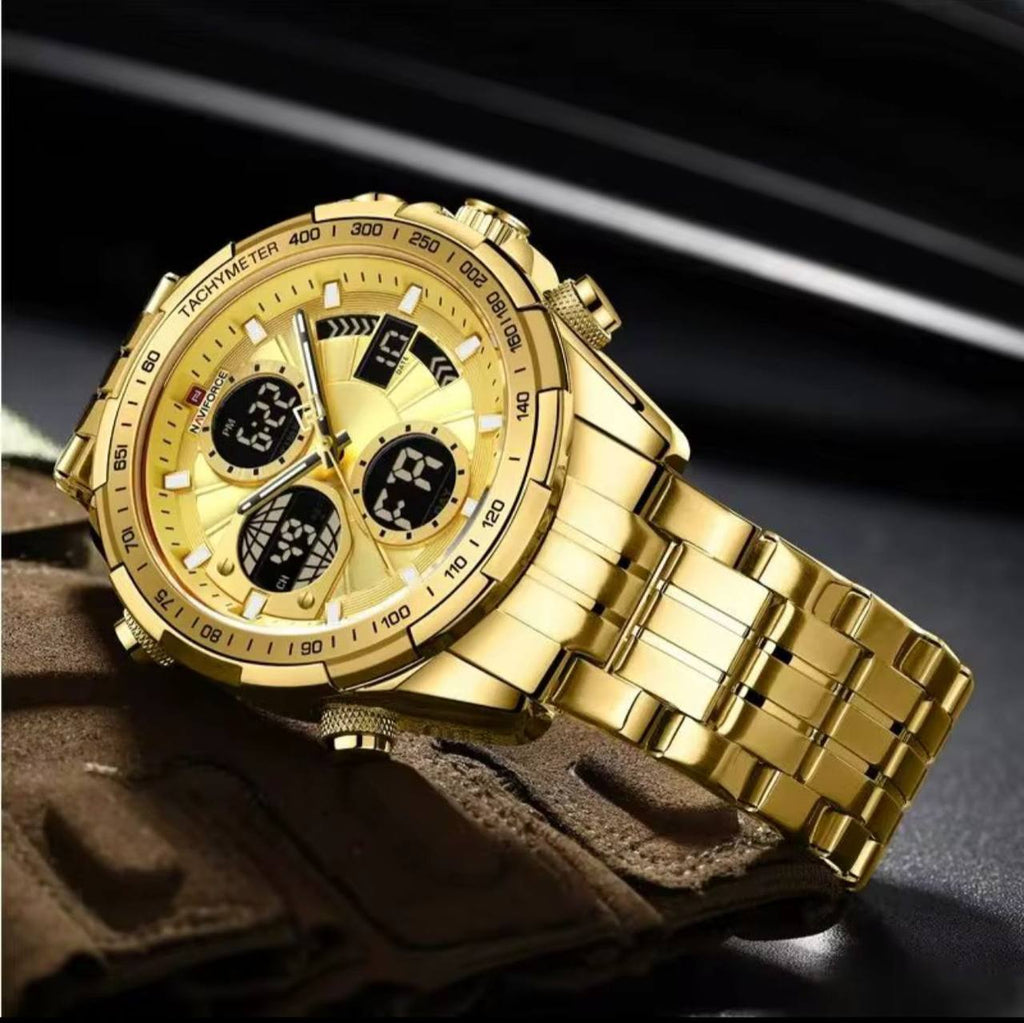 NAVIFORCE GENTS WATCH #NF 9197 ANALOGUE & DIGITAL DISPLAY LIGHT BUTTON WATER RESISTANT BATTERY POWERED GOLD SILVER ENGRAVING SERVICES ENQUIRIES