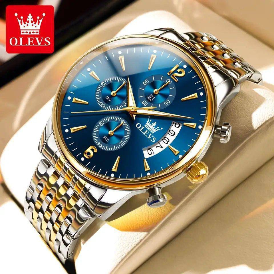 OLEVS CHRONOGRAPH MEN WATCH CHRONOGRAPH MOVEMENT DATE DISPLAY STRONG LUMINOUS FUNCTION BATTERY POWERED STAINLESS STEEL WATER RESISTANT 3 COLOR OPTIONS ENGRAVING SERVICES ENQUIRIES