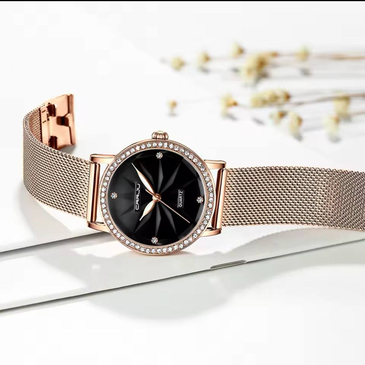 CRRJU LADIES WATCH MESH STRAP STAINLESS STEEL WATER RESISTANT BATTERY POWERED ENGRAVING