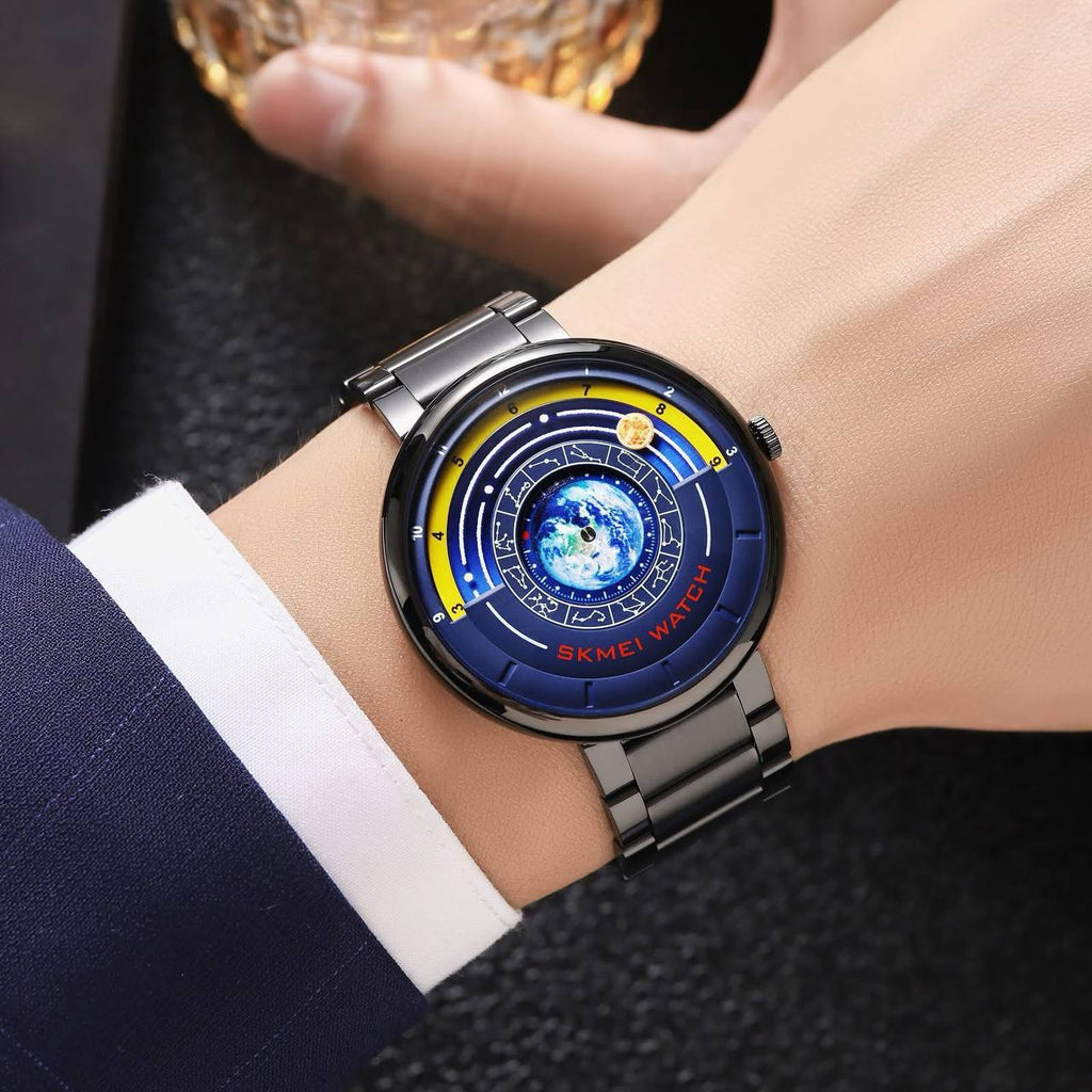 SKMEI 2361 EARTH TIME GOLD SILVER BLACK EARTH DIAL FASHION MINERAL REINFORCED GLASS BATTERY POWERED STAINLESS STEEL WATER RESISTANCE 30M ENGRAVING SERVICES