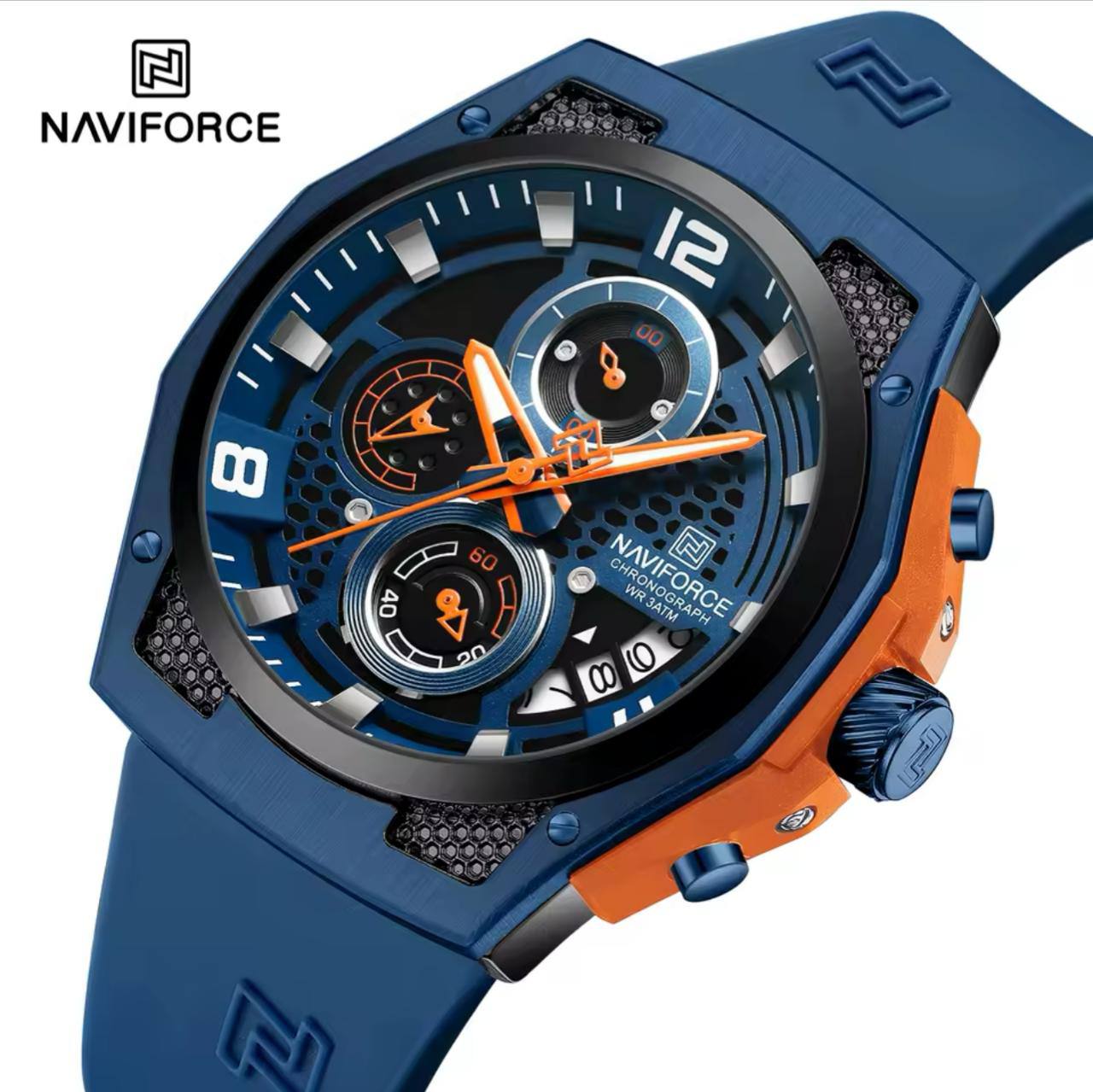 NAVIFORCE NF8051 5 COLOURS CHRONOGRAPH DATE DISPLAY WATERPROOF SILICON STRAP LUMINOUS HANDS ENGRAVING FROM & ENQUIRIES