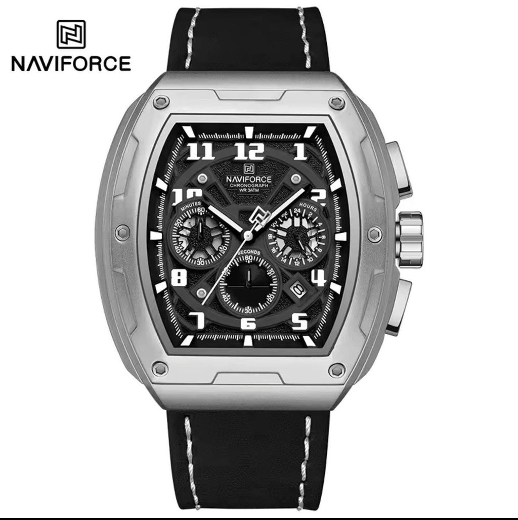 NAVIFORCE GENTS WATCH #NF 8053 CHRONOGRAPH DATE DISPLAY WATER RESISTANT BATTERY POWERED LEATHER STRAP ENGRAVING SERVICES FROM & ENQUIRIES