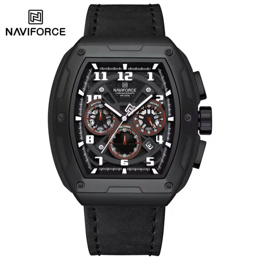 NAVIFORCE GENTS WATCH #NF 8053 CHRONOGRAPH DATE DISPLAY WATER RESISTANT BATTERY POWERED LEATHER STRAP ENGRAVING SERVICES FROM & ENQUIRIES