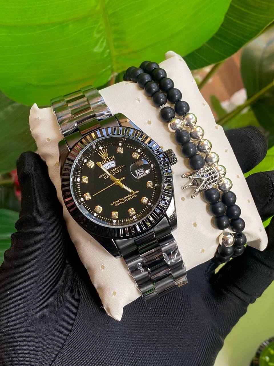 ROLEX GENTS WATCH X BANGLE STAINLESS STEEL WATER RESISTANT DAY&DATE DISPLAY ROLEX BRANDED BOX ENGRAVING SERVICES ENQUIRIES