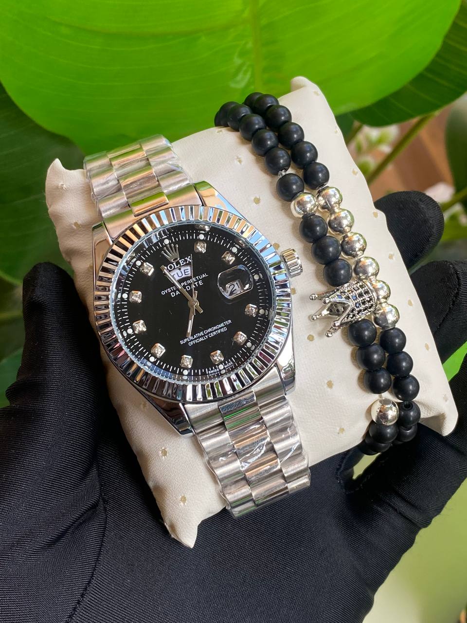 ROLEX GENTS WATCH X BANGLE STAINLESS STEEL WATER RESISTANT DAY&DATE DISPLAY ROLEX BRANDED BOX ENGRAVING SERVICES ENQUIRIES