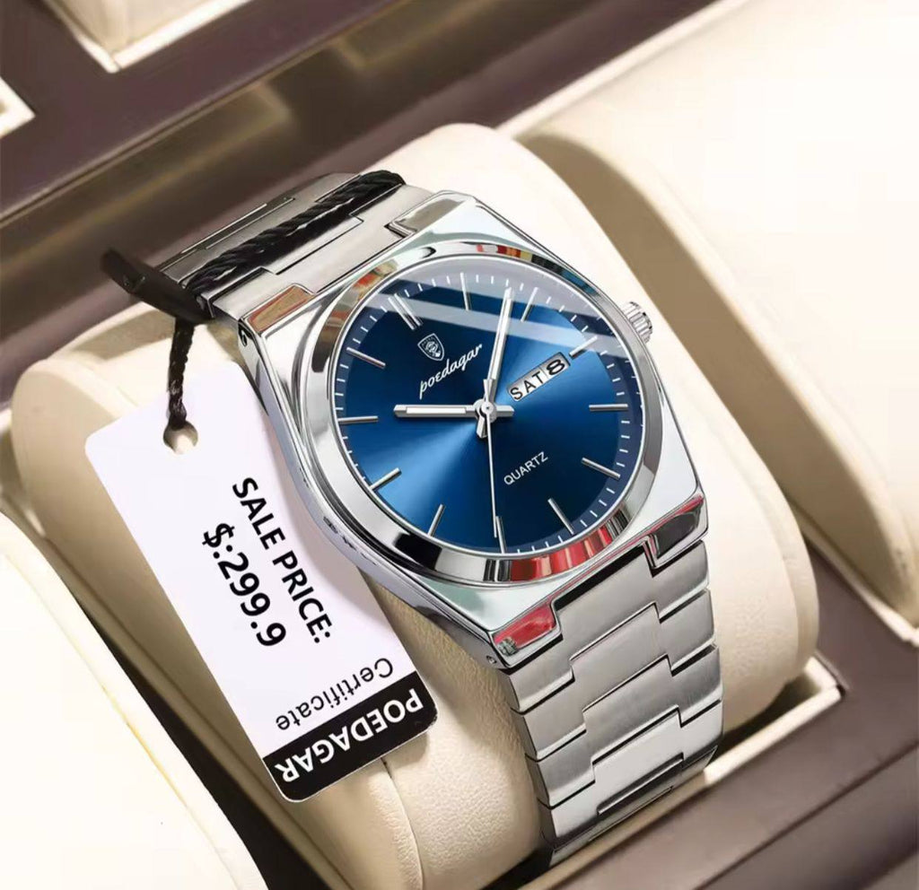 POEDAGAR GENTS WATCH STAINLESS STEEL DAY&DATE DISPLAY WATER RESISTANT BATTERY POWERED ENGRAVING SERVICES ENQUIRIES