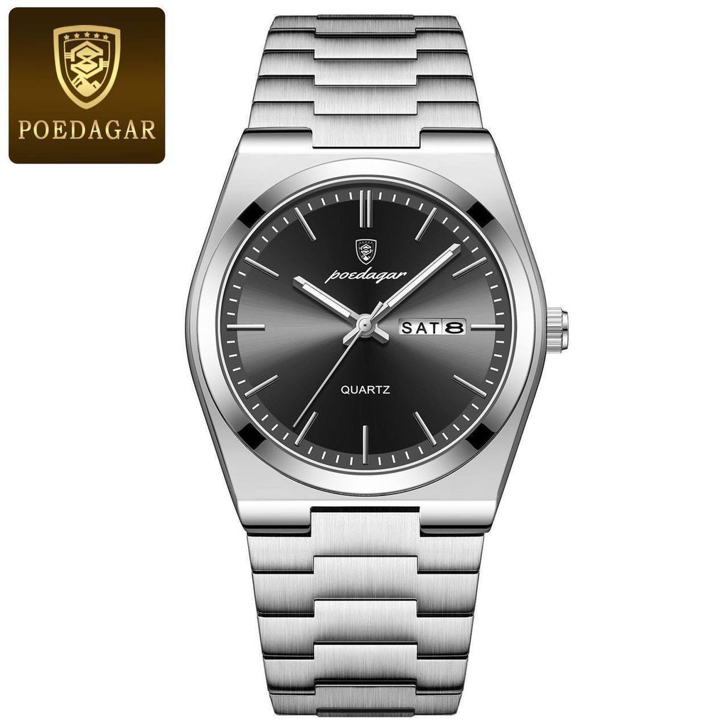 POEDAGAR GENTS WATCH STAINLESS STEEL DAY&DATE DISPLAY WATER RESISTANT BATTERY POWERED ENGRAVING SERVICES ENQUIRIES