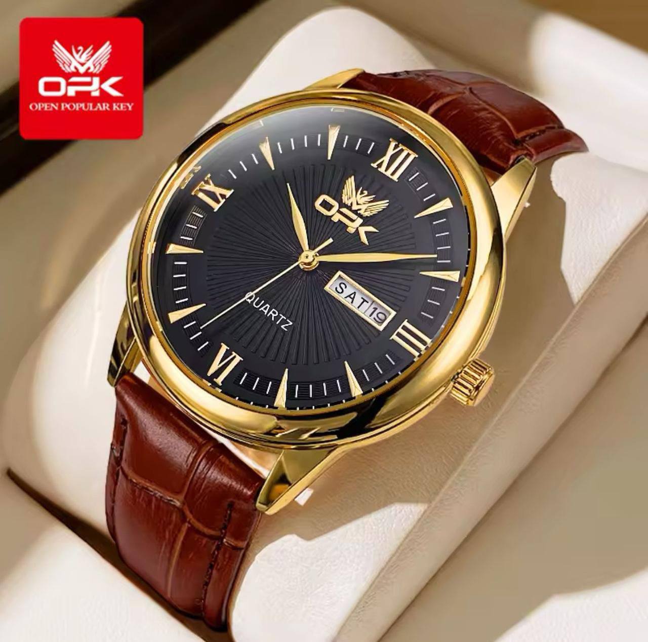 OPK GENTS WATCH #6028 DATE & DATE DISPLAY LEATHER STRAP BATTERY POWERED WATER RESISTANT ENGRAVING SERVICES ENQUIRIES