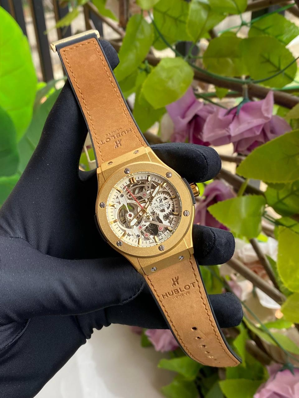 HUBLOT AUTOMATIC WATCH AUTOMATIC MOVEMENT SUEDE STRAP WATER RESISTANT TOURBILLON MACHINE AND ENQUIRIES